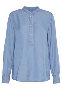 Light blue denim shirt with a mandarin collar, button placket, and long sleeves. Features a relaxed fit and subtle texture.