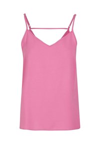 Roze mouwloos topje met een V-halslijn, voorzien van verstelbare spaghettibandjes en een gladde textuur. Eenvoudig ontwerp, niet versierd.