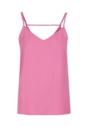 Lyserød ærmeløs top med V-hals, der har justerbare spaghetti-stropper og en glat tekstur. Simpelt design, uden udsmykning.