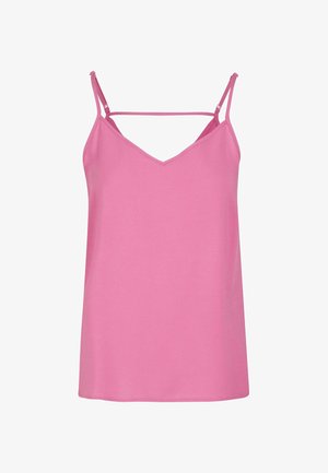 Lyserød ærmeløs top med V-hals, der har justerbare spaghetti-stropper og en glat tekstur. Simpelt design, uden udsmykning.