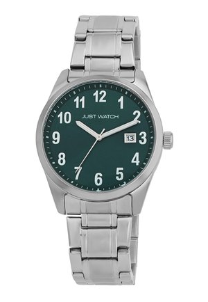 Silver metal wristwatch with a dark green dial, white hour markers, and date window. Features a stainless steel link bracelet and round case.