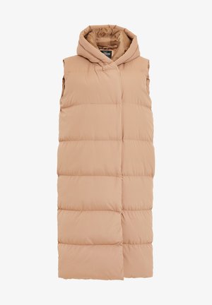 Beige, ærmeløs puffer vest med hætte, som har syede vandrette sektioner og en frontåbning. Glat, let tekstur.