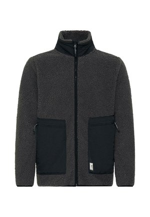 Gray fleece jacket with black nylon accents. High collar, front zip closure, and two zippered pockets. Textured surface throughout.