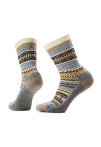 Calze a maglia con un design multi-pattern in grigio, crema e beige, con accenti gialli e neri, orlo a coste e tallone e punta rinforzati.