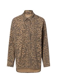 Leopardenmuster-Hemd mit einem sandfarbenen Hintergrund, langen Ärmeln, zwei Vordertaschen und einem lässigen, übergroßen Schnitt. Aus strapazierfähigem Stoff gefertigt.