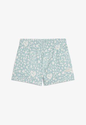 Shorts bleu clair avec un motif imprimé animal blanc, taille élastique et un petit logo brodé en bas à droite.