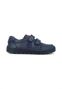 Zapatos de piel de color navy con textura suave, doble tira de Velcro, punta redonda y suela de goma con patrones de agarre texturizado.