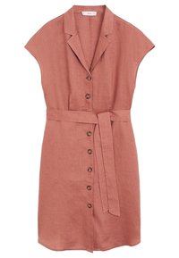 Abito camicia in lino color ruggine con colletto, maniche corte, chiusura frontale con bottoni e una cintura coordinata in vita.