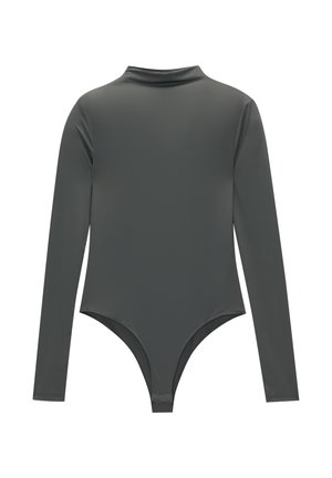 Body cu mânecă lungă, de culoare gri închis, realizat dintr-un material neted și elastic, cu un guler înalt și decupaje adânci la picioare, având un design elegant.