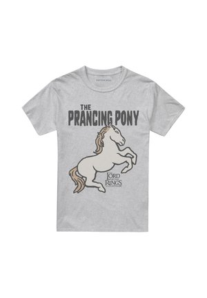 Grey T-shirt with “The Prancing Pony” text, a cartoon prancing white horse, and small “The Lord of the Rings” logo below.
