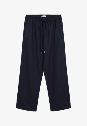 Pantalon large bleu marine en tissu doux. Il présente une taille élastique avec cordon de serrage et des poches latérales. Design minimaliste.