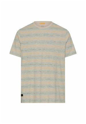 Korte mouwen T-shirt met ronde hals en dunne horizontale strepen in lichtgrijze, beige en gedempte groene tinten.