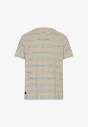 Korte mouwen T-shirt met ronde hals en dunne horizontale strepen in lichtgrijze, beige en gedempte groene tinten.