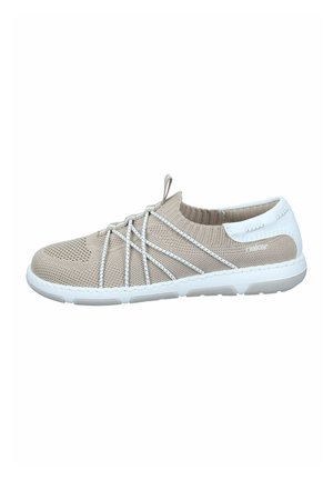 Beige gebreide schoenen met witte accenten, lichtgewicht, flexibele zool, elastisch vetersysteem en een ademend bovenwerk van mesh voor comfort.
