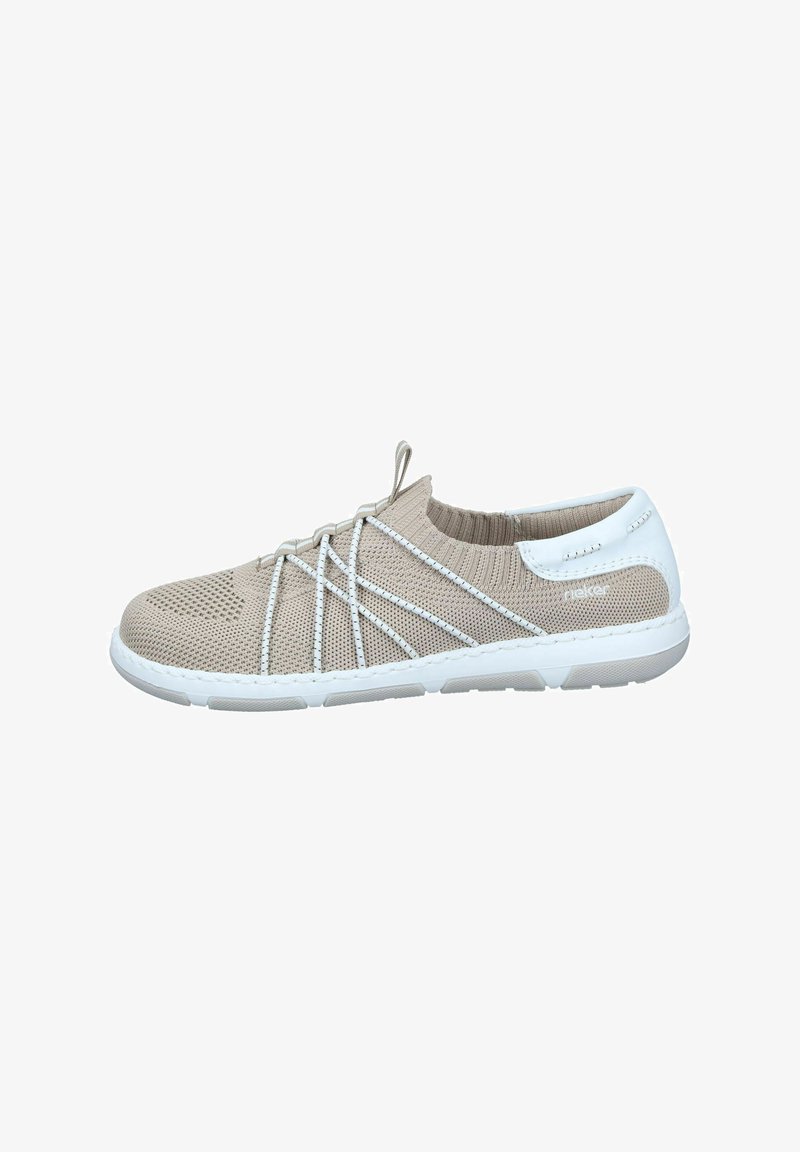 Beige gebreide schoenen met witte accenten, lichtgewicht, flexibele zool, elastisch vetersysteem en een ademend bovenwerk van mesh voor comfort.