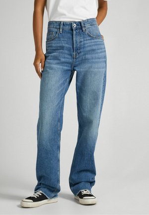 High-waisted blue denim jeans, straight-leg cut, medium wash, five-pocket design, with a button closure and contrasting stitching details.
