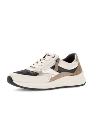 Sport sneaker with a cream and black leather upper, textured toe cap, silver accents, and a chunky white sole. Features laces and side zipper.