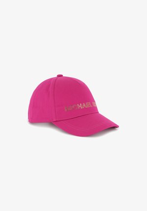 Roze baseballpet met een effen ontwerp, gebogen klep en het logo "MICHAEL KORS" in goud. Soepele stofstructuur.