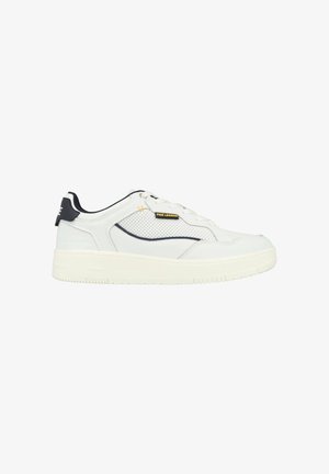 White sneaker with a smooth leather upper, mesh accents, and navy detailing. Features a thick white rubber sole and gold branding on the side.
