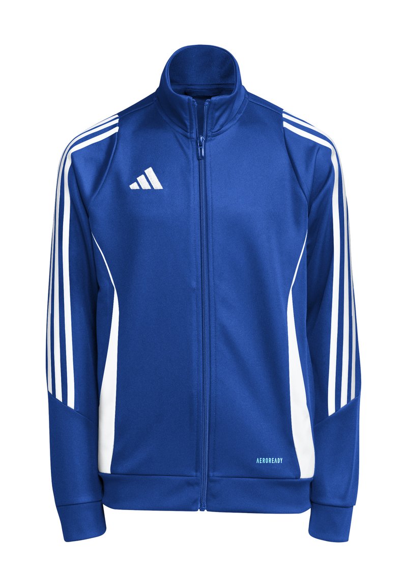 Blå polyester sportsjakke med glidelås foran, høy krage, hvite tre-stripes aksenter på ermene og "AEROREADY" logo nær kanten.