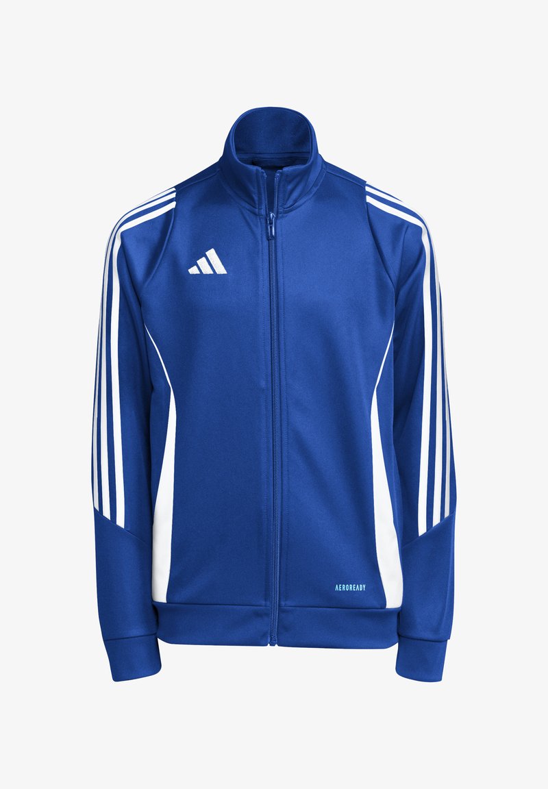 Casaco desportivo azul em poliéster com fecho éclair à frente, gola alta, detalhes brancos em três riscas nas mangas e logótipo "AEROREADY" perto da bainha.