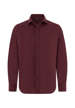 Camicia da uomo a maniche lunghe con bottoni in bordeaux scuro con colletto classico e polsini con bottoni.