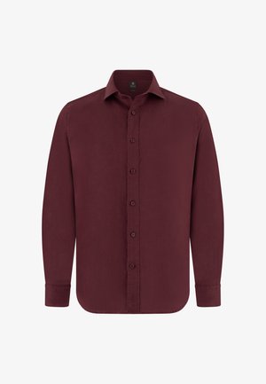 Camicia da uomo a maniche lunghe con bottoni in bordeaux scuro con colletto classico e polsini con bottoni.