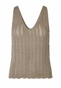 Top corto lavorato a maglia color beige con scollo a V profondo, caratterizzato da un motivo testo e un orlo ondulato. Materiale leggero e traspirante.
