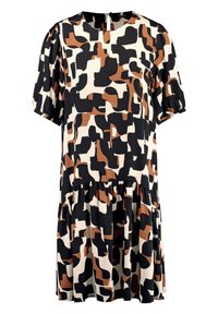 Kortom shirt jurk van lichtgewicht stof met een zwart, crème en bruin abstract patroon, met een tiered zoom en ronde hals.