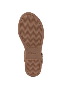 Ruskea kumista valmistettu sandaalin pohja, jossa on tekstuuriset urat, ja johon on kohokuvioitu brändinimi "s.Oliver" sekä koko "37".