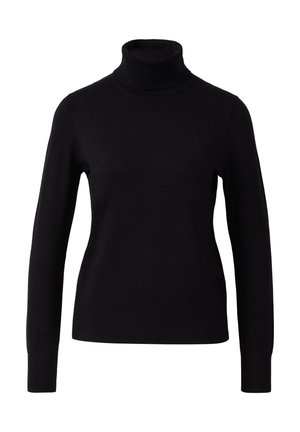 Schwarzer Rollkragenpullover aus weichem Strickmaterial. Mit langen Ärmeln und einer taillierten Silhouette sowie Rippdetails am Halsausschnitt und den Bündchen.