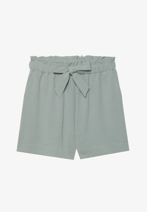 Light green shorts with a ruffled waistband and a front bow tie. Made from a textured fabric, featuring side pockets and a relaxed fit.