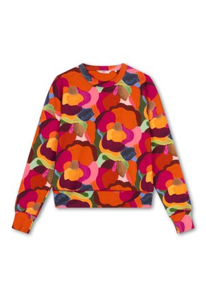 Kleurrijke sweatshirt met bloemenpatroon in levendige tinten van rood, roze, oranje en groen; gemaakt van zachte stof met een ronde hals.