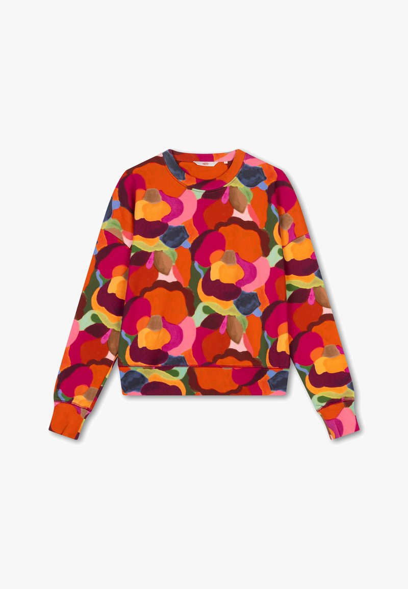 Kleurrijke sweatshirt met bloemenpatroon in levendige tinten van rood, roze, oranje en groen; gemaakt van zachte stof met een ronde hals.