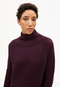 Pull en col roulé tricoté de couleur violet profond, avec une texture côtelée et des manches raglan. Le tissu doux offre un ajustement confortable.