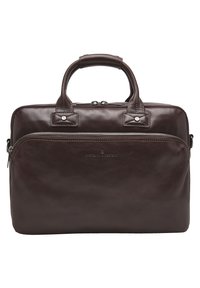 Brown leather laptop bag with dual handles, front zippered pocket, and contrasting stitching. Features a smooth texture and minimalist design.