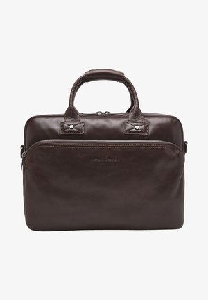 Bruine leren laptoptas met dubbele handvatten, een voorvak met ritssluiting en contrasterende stiksels. Heeft een gladde textuur en een minimalistisch ontwerp.