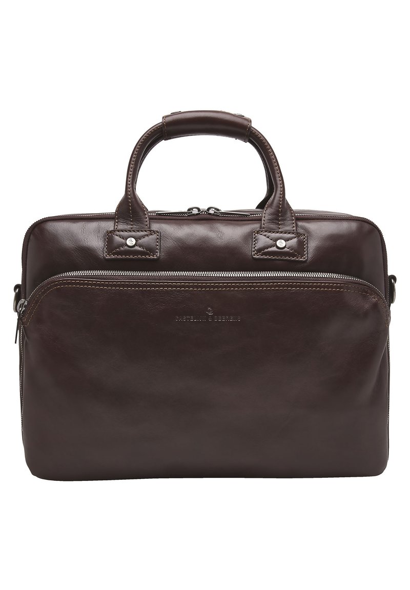 Brown leather laptop bag with dual handles, front zippered pocket, and contrasting stitching. Features a smooth texture and minimalist design.