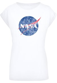 White cotton T-shirt featuring a blue NASA logo with a red slash. The design includes stars and a circular background.