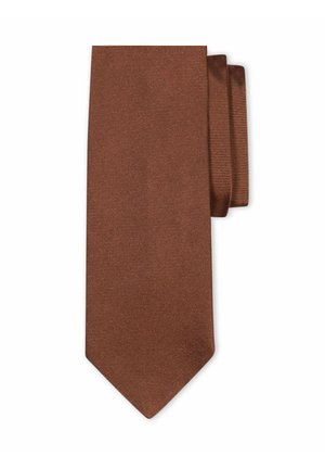 Bruine zijden das met een subtiele horizontale geribbelde textuur, netjes opgevouwen tegen een witte achtergrond.