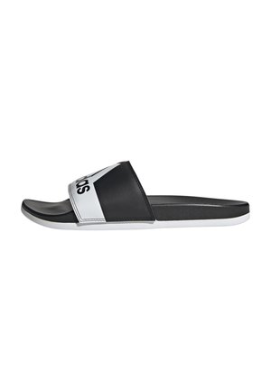 Sandali neri con una larga fascia decorata da un logo bianco, una soletta texturizzata e una suola bianca. Materiale liscio, design casual.