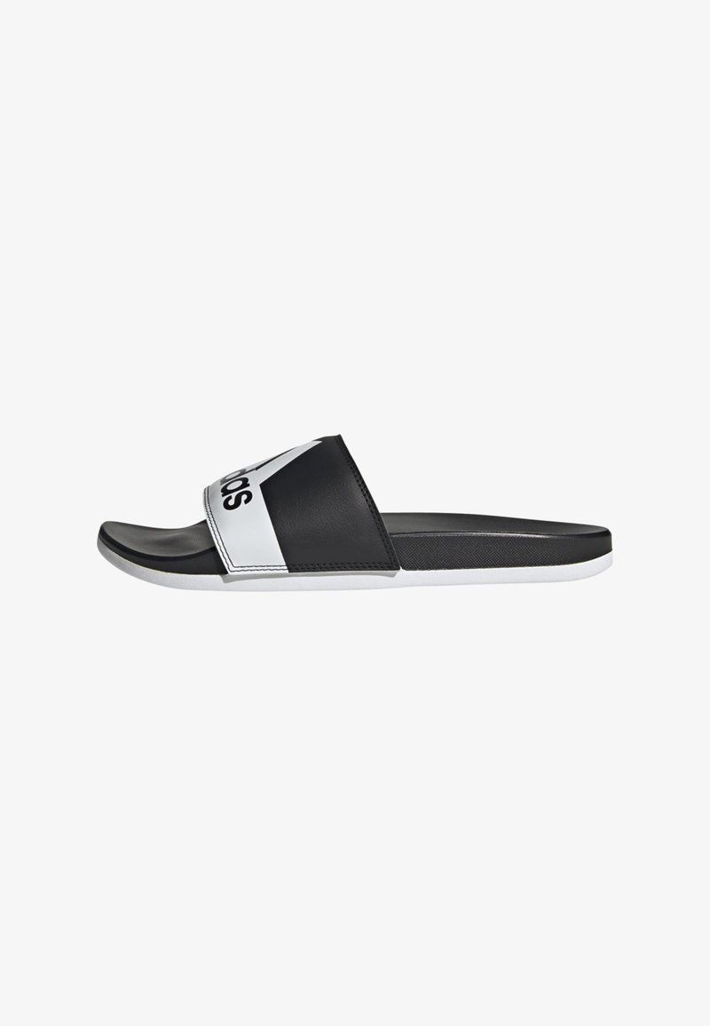 Sandali neri con una larga fascia decorata da un logo bianco, una soletta texturizzata e una suola bianca. Materiale liscio, design casual.