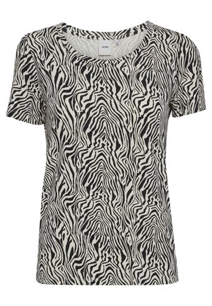 Melnā un baltā zebras joslu īsām piedurknēm T-kreklu ar apaļu kakla izgriezumu, izgatavots no mīksta auduma, ar brīvu piegriezumu un modernu rakstu.