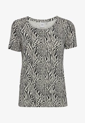 Camiseta de manga corta a rayas en blanco y negro con cuello redondo, hecha de un tejido suave, con un ajuste holgado y un patrón moderno.