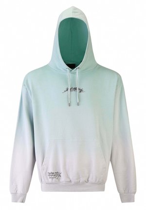 Light blue gradient hoodie made of soft fabric, featuring a kangaroo pocket and drawstring hood. Decorative logo in black on front.