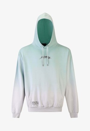 Hoodie blu chiaro con gradiente, realizzato in tessuto morbido, dotato di tasca a canguro e cappuccio con coulisse. Logo decorativo nero sulla parte anteriore.