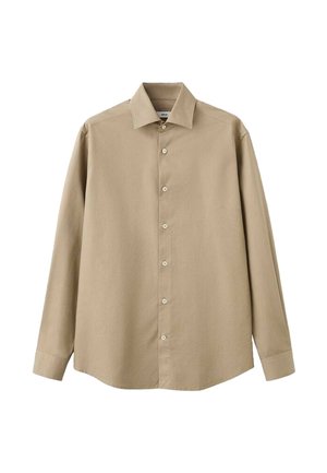 Beige Langarmhemd aus glattem Baumwollstoff, mit klassischem Kragen, Knopfleiste und geradem Schnitt mit knöpfbaren Manschetten.