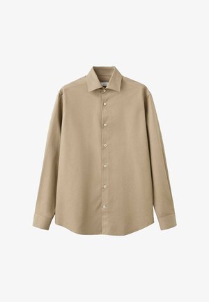 Beige pitkähihaine paita, joka on valmistettu sileästä puuvillasta. Siinä on klassinen kaulus, napitus edessä ja suora leikkaus nappihihansuilla.