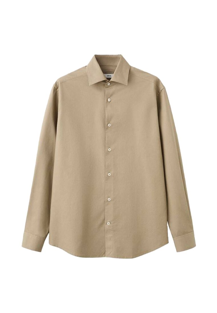 Beige langetermijn-shirt van glad katoen, met een klassieke kraag, knoopsluiting aan de voorkant en een rechte snit met knopenmanchetten.