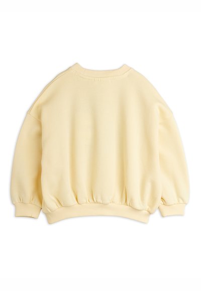 Cremfarbener Langarm-Sweatshirt mit geripptem Kragen, Bündchen und Saum, von hinten auf weißem Hintergrund gezeigt.